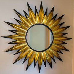 Large 37" sunburst decorative hanging wall mirror with gold accents and 14" reflective surface
