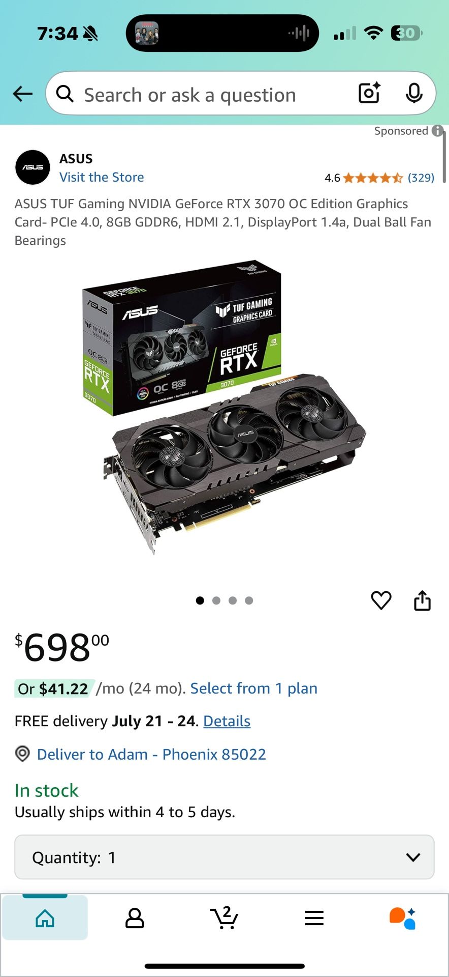 ASUS TUF Gaming NVIDIA GeForce RTX 3070 OC Edition Graphics Card- PCIe 4.0, 8GB GDDR6, HDMI 2.1, DisplayPort 1.4a, Dual Ball Fan Bearings