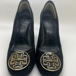 Tory Burch Black Suede Logo Embellished ‘Maddie’ Pumps