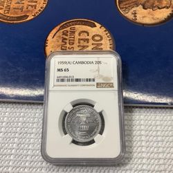 1959(A) Cambodia 20 Centimes beautiful coin NGC graded Gem Uncirculated Ms-65!~(IVID#1357/JES//OFRUP)