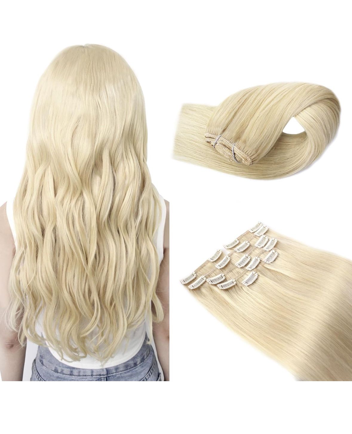 Hair Extensions Clip in Real Human Hair, Invisible Platinum Blonde Hair Extensions Clip ins for Women, Remy Clip on Hair Extensions for Straight or Wa