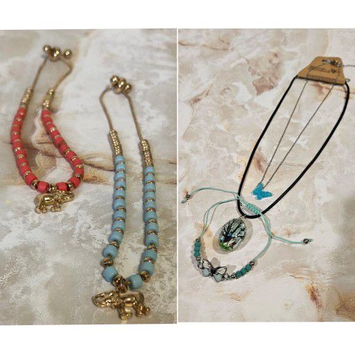 Butterfly Necklace, Bracelet and Butterfly Tree Enamel Necklace & Coral and Mint Beaded Elephant Bracelets/Anklets