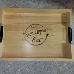 Bon Appetit Wood Serving Tray with Metal Handles, Ottoman Platter, Coffee Table