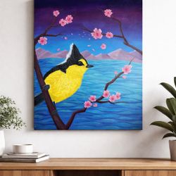 16” x20” Original Acrylic Painting - Bird and Cherry Blossoms