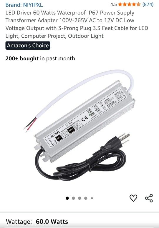 LED Driver 60 Watts Waterproof IP67 Power Supply Transformer Adapter 100V-265V AC to 12V DC Low Voltage Output with 3-Prong Plug 3.3 Feet Cable for LE