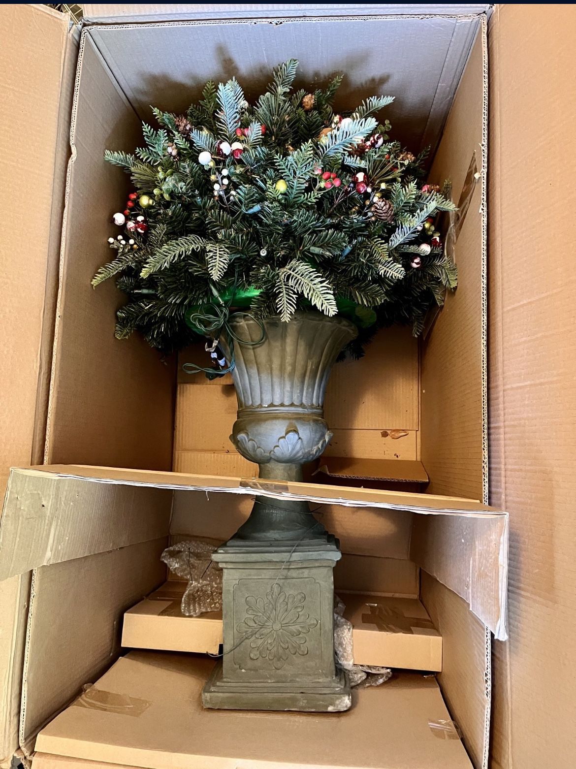 40 inch Tall Winter Topiary with Large Heavy Urn Pedestal Plinth base