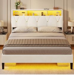 LED Full Bed Frame with Type-C & USB Charging Station, Full Size Bed Frame with Storage Headboard, Modern Velvet Upholstered Platform Bed with Shelf H