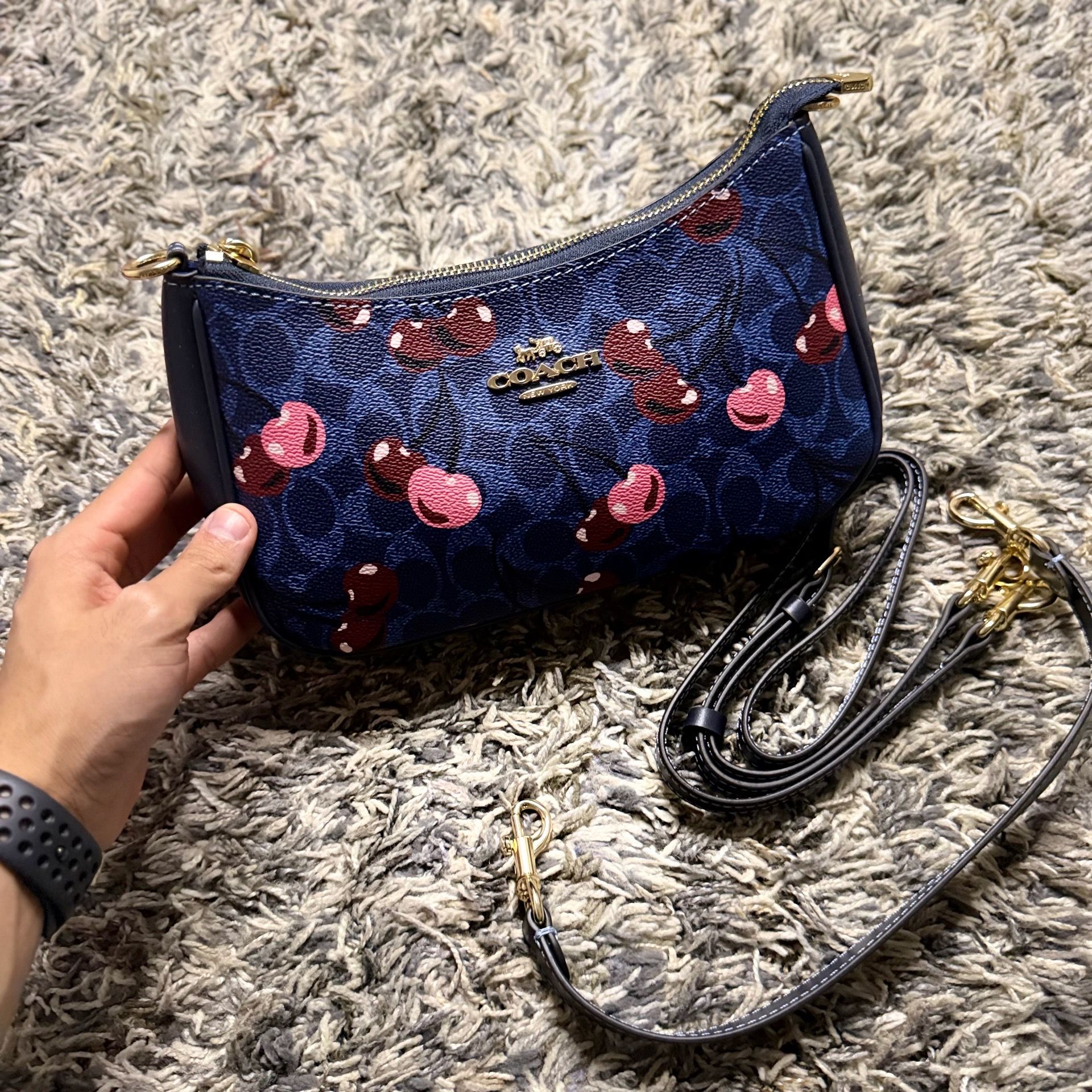 Coach Teri Shoulder Bag In Signature Canvas With Cherry Print Handbag Denim (Brand New)