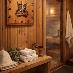 Wooden Wall Clock Sauna Decor "Банька" – 9 inch Rustic Style