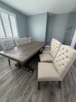 Farmhouse Dining Table with 6 Tufted Chairs