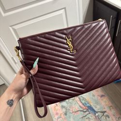 ✨Saint Laurent Matelassé (Chevron) Tablet Pouch/Clutch, Style 559193 Burgundy Leather, Gold Hardware