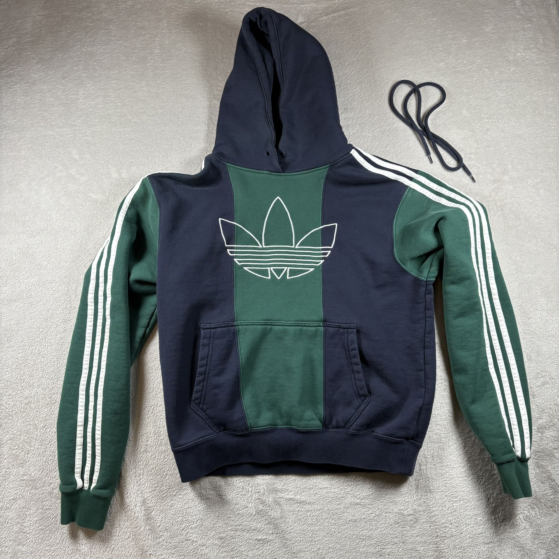 Adidas Off Court Hoodie Mens S Green Embroidered Trefoil Logo Colorblock Hoodie