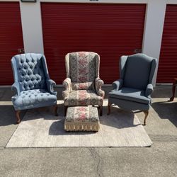 3 Vintage Wingback Chairs + Ottoman Bundle