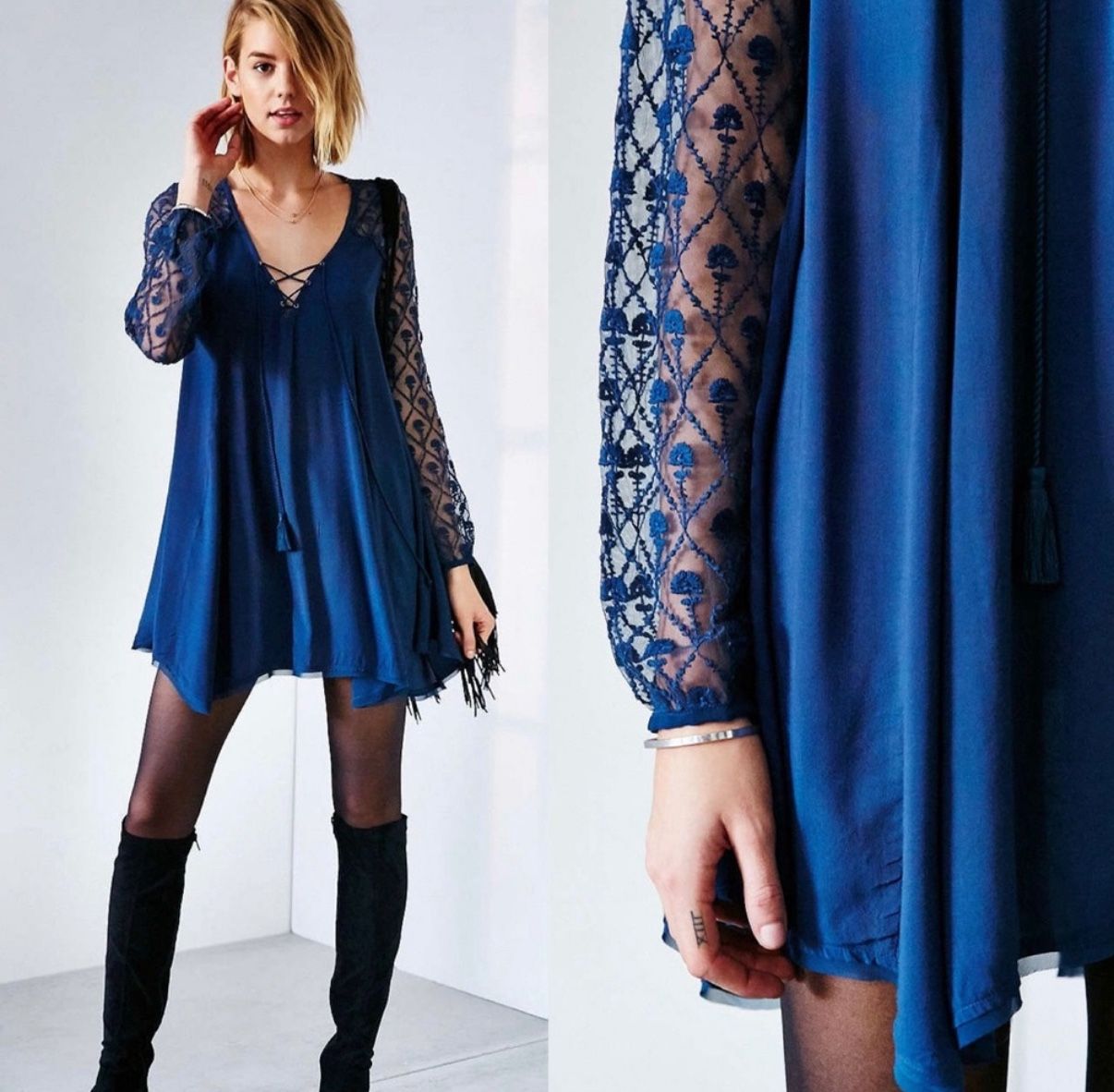 NWT $89 Urban Outfitters x Ecote Navy Aura Embroidered Lace V-Neck Swing Dress M