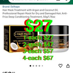 Hair Mask Treatment with Argan and Coconut Oil, Professional Repair Mask for Dry and Damaged Hair, Anti-Frizz Deep Conditioning Treatment, 50g/1.76oz