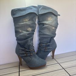 Anne Michelle Distressed  Denim Studded High Heel Boots Size 10