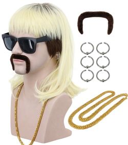 VGbeaty Men Long Curly Blonde Rocker Mullet Wig Mustache Gold Necklace Earrings