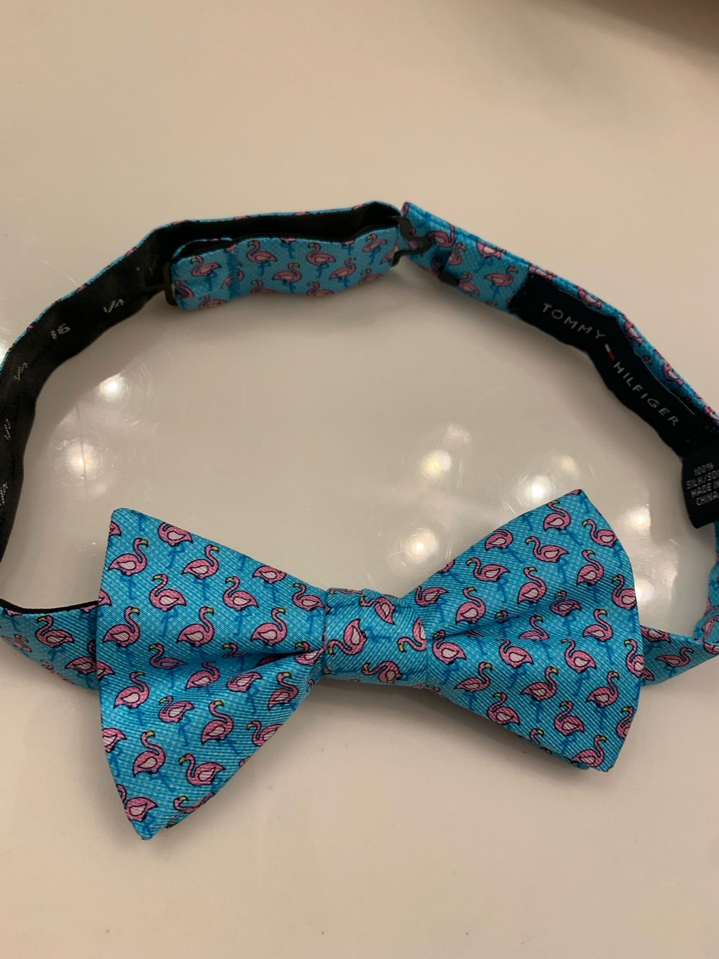 New Men’s Bow Tie W/ Flamingo Design, Fully Adjustable, Easy Clip Design, Dark Aqua Blue