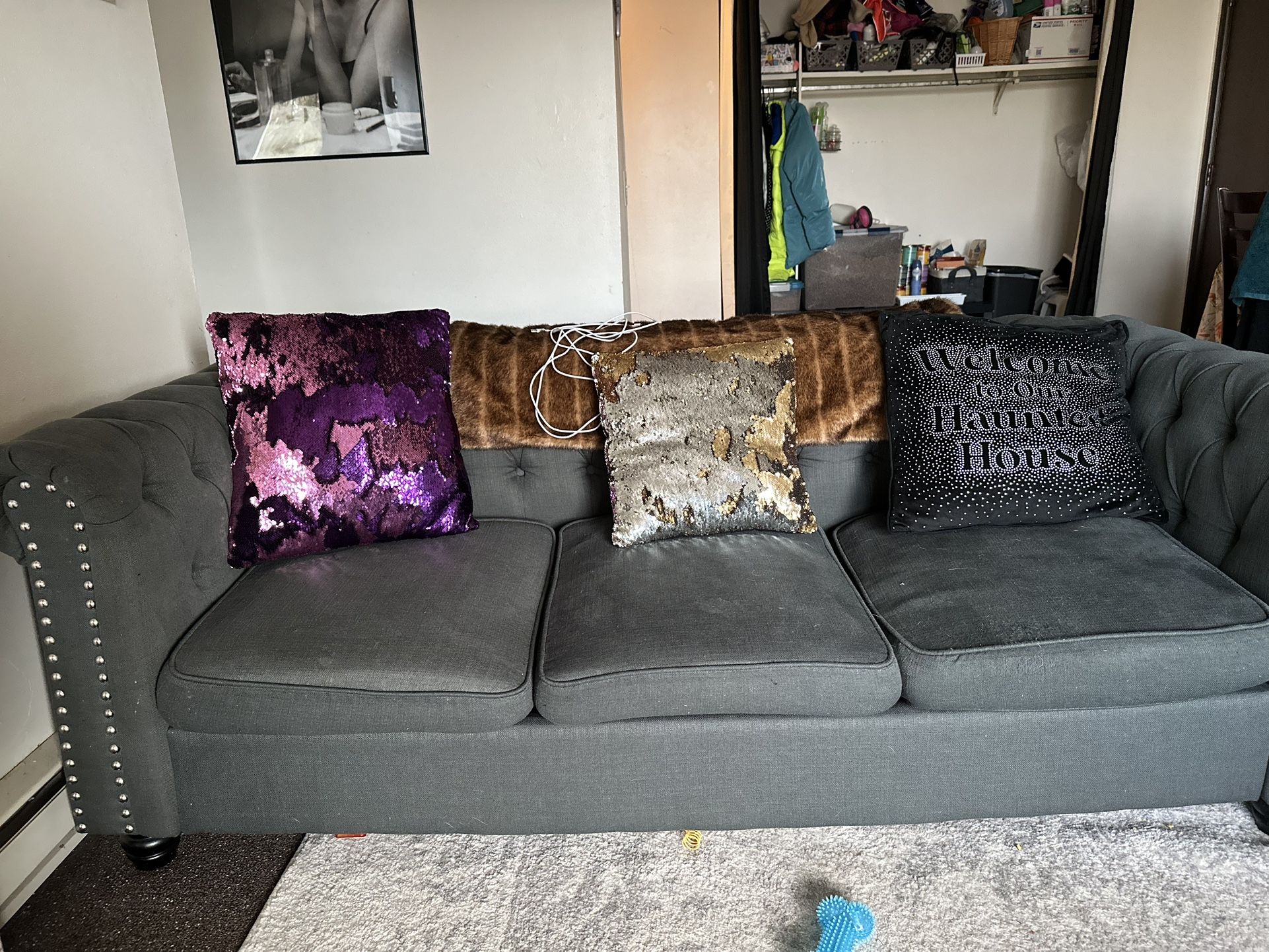 2 Beautiful Grey 3 Seater Tufted Couches!