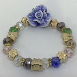 Romantic Multicolor Beads Gold Butterflies Blue Flower Bracelet