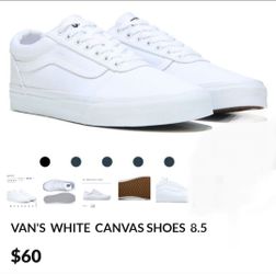 VAN'S  WHITE  CANVAS SHOES  8.5
