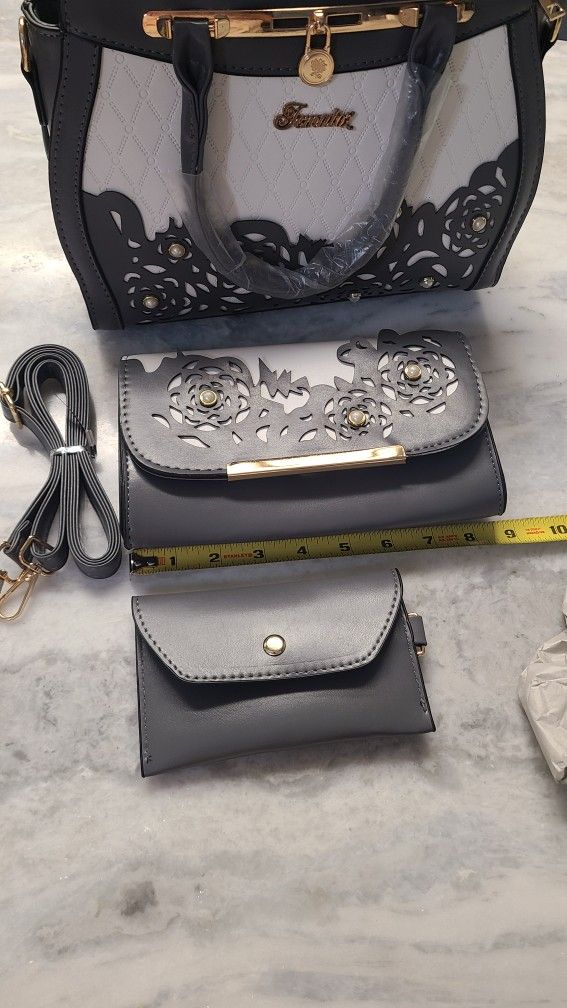 Grey and White Intricate Design Purse- Set Of 3