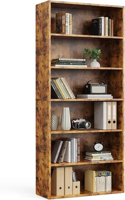 Sweetcrispy Industrial 6 Shelf Bookcase - Large 63 Inch Tall Floor Standing Open Bookshelf for Home Office, Living Room, and Bedroom Storage, Rust