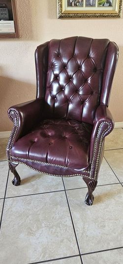 Vintage Faux Leather Queen Anne Style Wingback Armchair