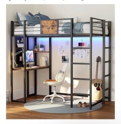 Cama tipo loft de metal individual con escritorio
