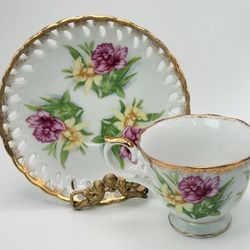 Vintage Ucago Japan Porcelain Tea Cup & Saucer Pink Floral Gold Golt Trim