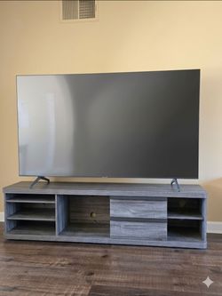 Modern Gray Wood TV Stand + 2 Side Tables + 2 Matching Lamps
