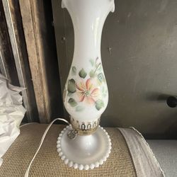 Vintage White Milk Glass Hand Painted Flowers Round Bottom Fingerloop Brass Lamp