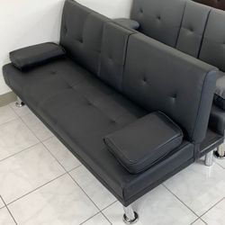 Black Faux Leather Futon Sofa Bed (New In Box) 