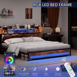 King size Bed Frame with Charging Station(Type-C & USB ports), Adjustable RGB LED light, 3 tier storage headboard with hidden storage space, Heavy dut