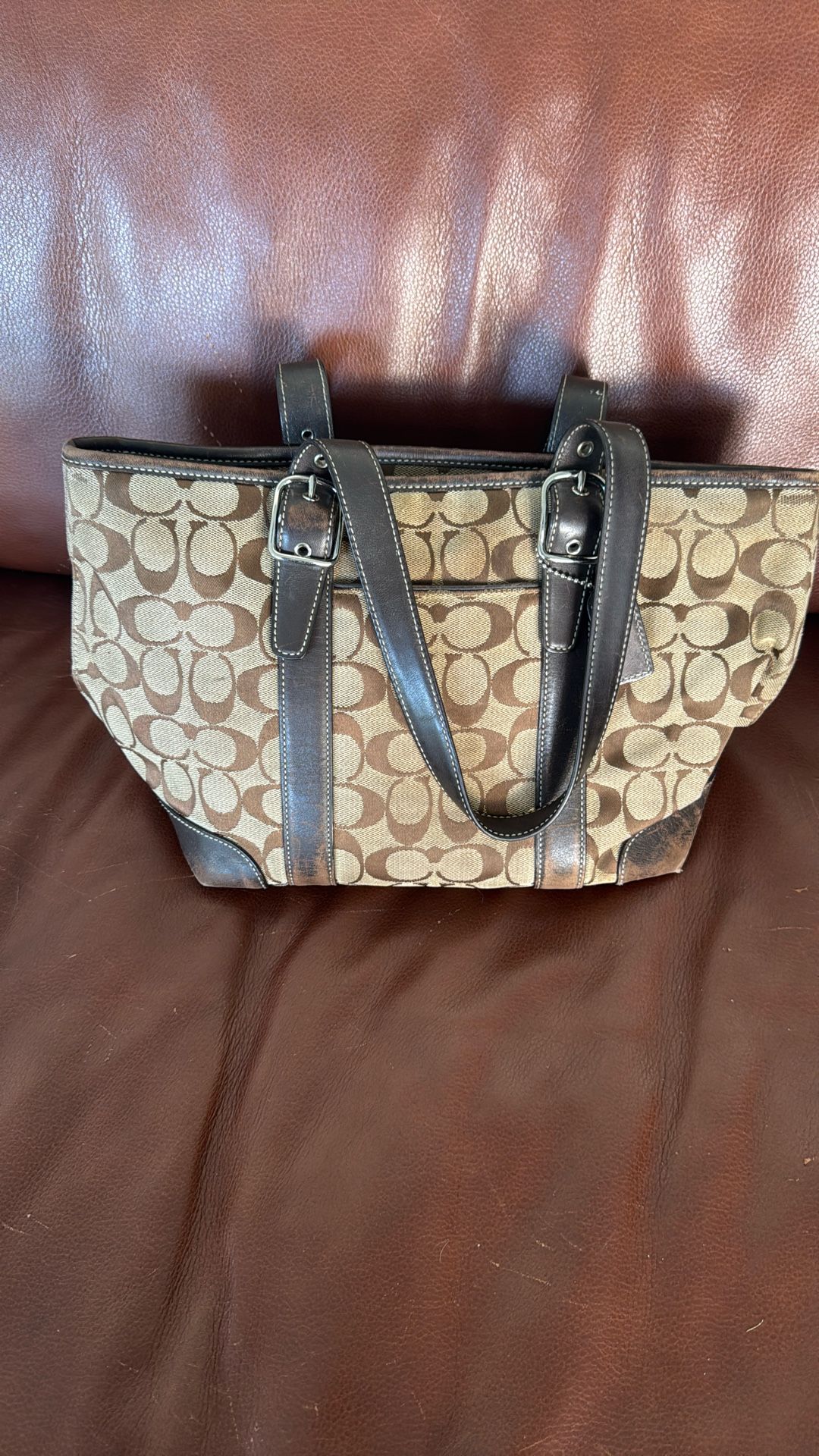 Coach Signature Shoulder Bag Canvas And Leather Good Preloved Condition