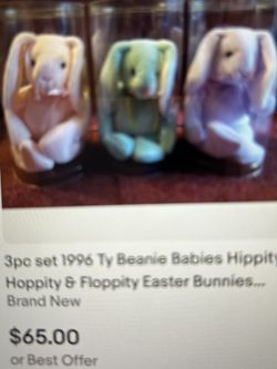 Hippity Hoppity And Floppity Beanie Ty Rabbits Never Used. Was Wrapped In Tissue Since. 1996. Original Tags 