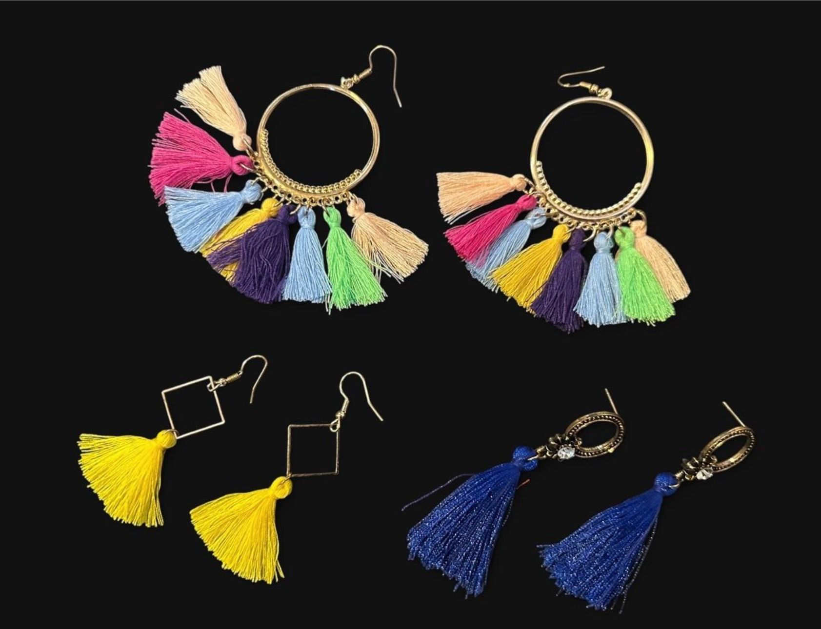 Lot Of 3 Dangle Tassle Multicolor Pierce Earrings Multistyle