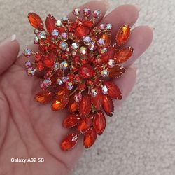 VTG.RARE 1950'S GOLD & RED/ ORANGE AURORA BOREALIS CRYSTALS PIN
