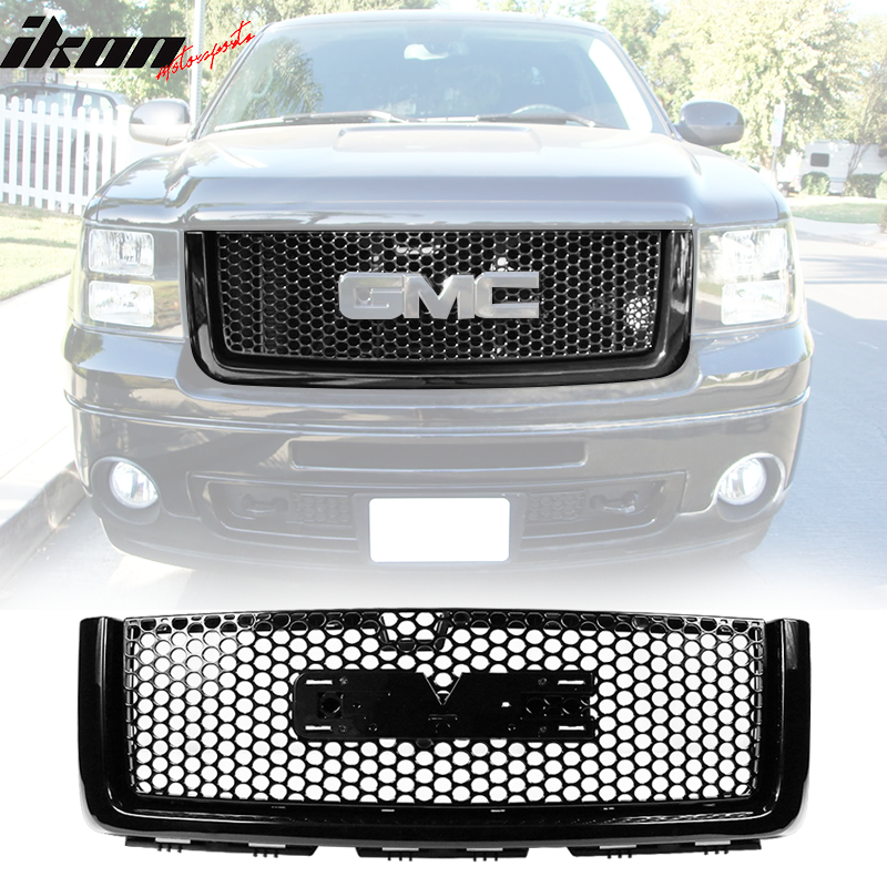 Fits 2007-2013 GMC Sierra 1500 Front Upper Grille Guard Mesh Grill Cover Gloss Black