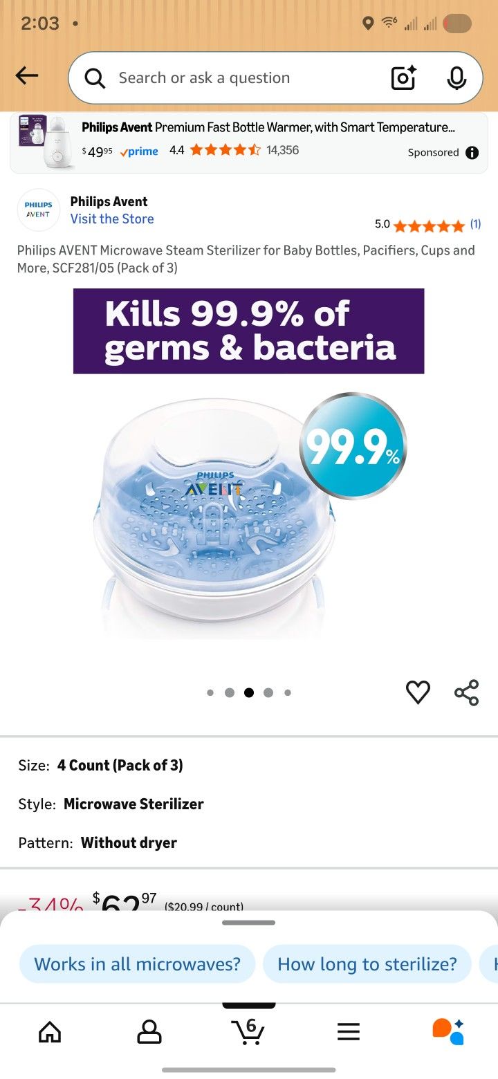 Visit the Store, Philips Avent
Philips Avent
Visit the Store
5.0
5.0 out of 5 stars
(1)
Philips AVENT Microwave Steam Sterilizer for Baby Bottles, Pac