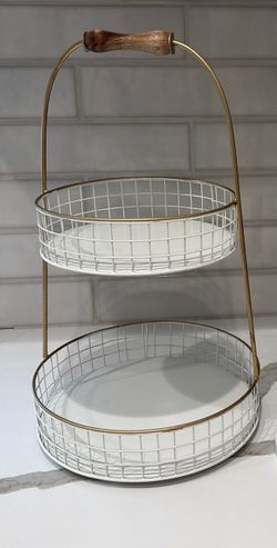 Two-Tier Wire Basket Stand with Wood Handle