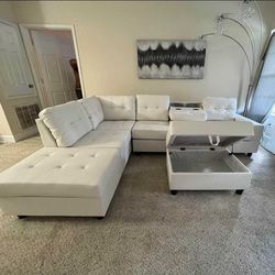 Brand New White Faux Leather Sectional With Storage Ottoman 