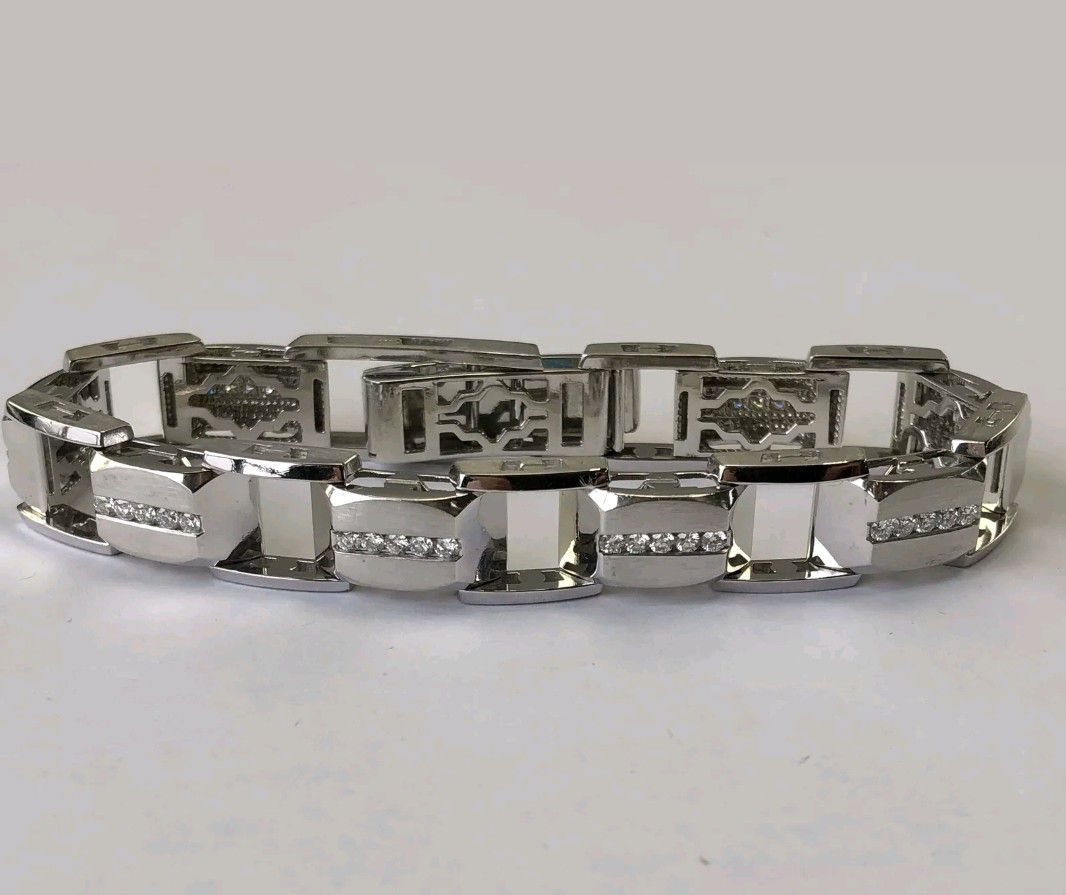 14k White Gold 2.6ct VS2/D Diamond Men's Brushed Bracelet 8.5'' 48.4g 0.5'' Wide