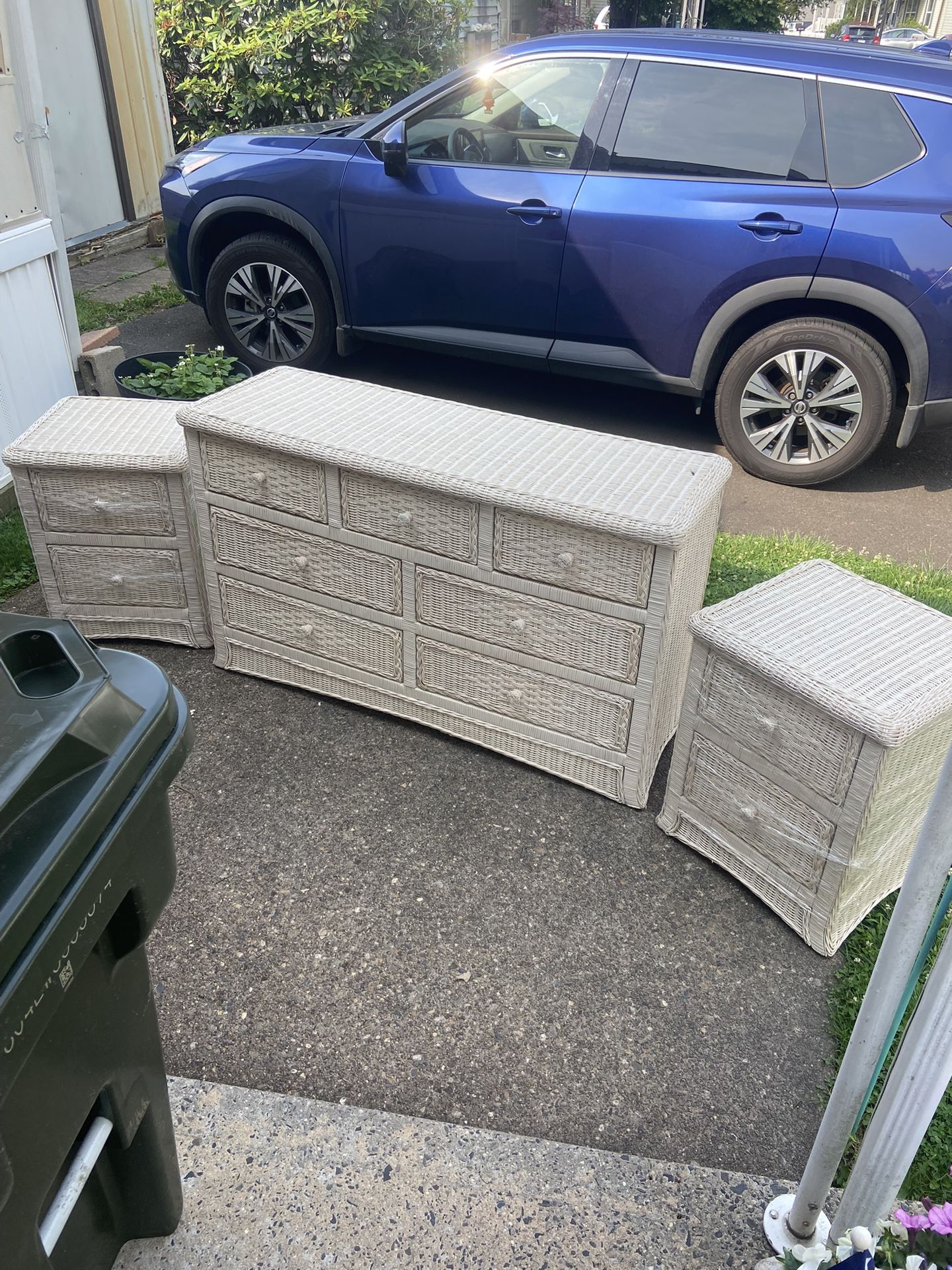 Wicker Dresser With End Tables
