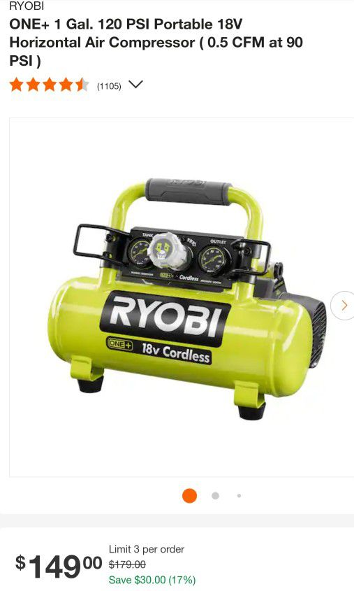 RYOBI
ONE+ 1 Gal. 120 PSI Portable 18V
Horizontal Air Compressor ( 0.5 CFM at 90
PSI) new   nuevo 