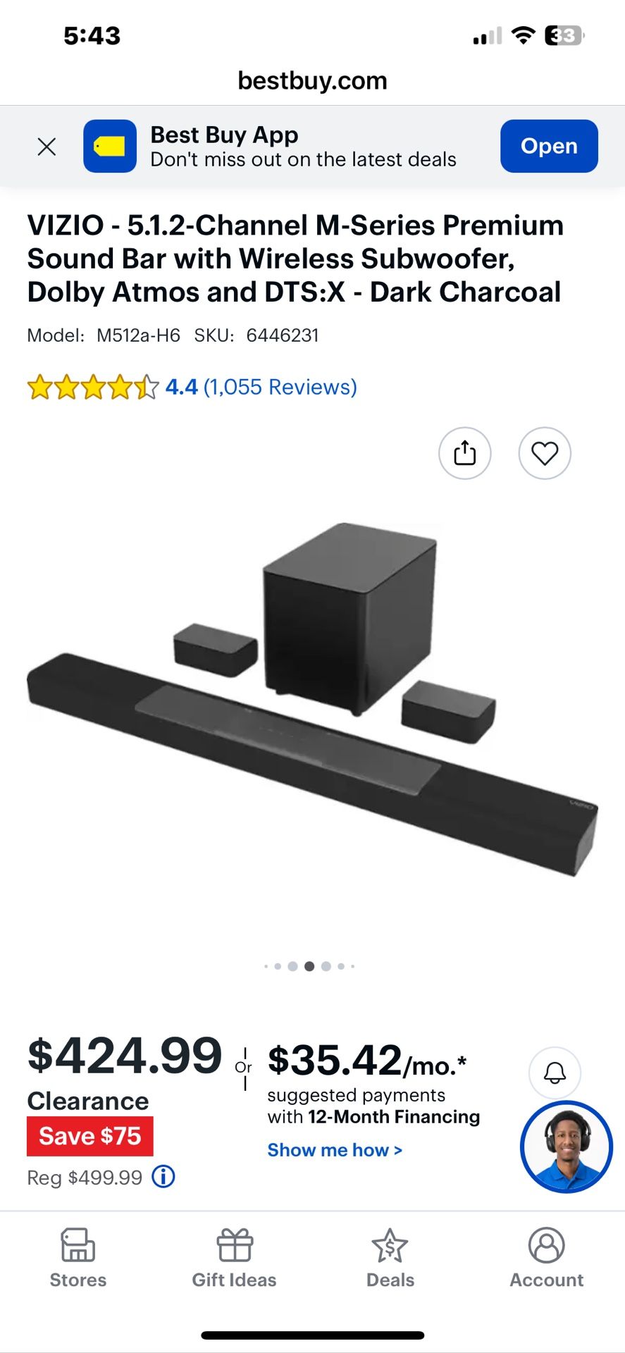 Vizio M512a-H6 5.1.2 Dolby Atmos/DTS-X Surround Sound w/ Wireless Subwoofer and Satellite Speakers