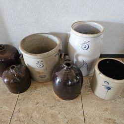 Early Red Wing birch leaf, E & L P Norton, Slave, Vintagr Antique Salt Glazed Stoneware 2 & 5 Gallon Brown