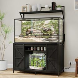 48"x24"Reptile Tank Stand with Power Outlet & Storage Cabinet, Black