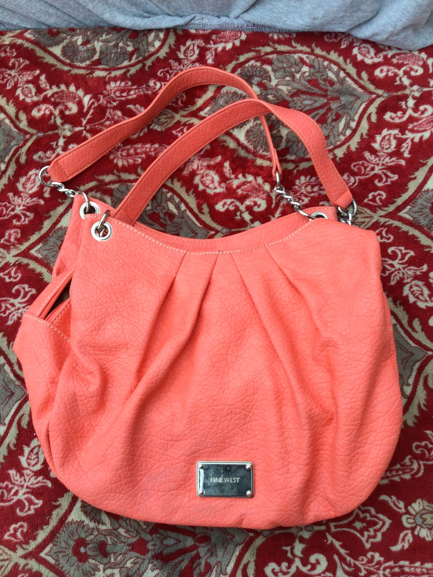 NINE WEST pink peach red orange leather hobo beach shoulder Purse Bag