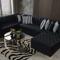 Luxen Velvet Black RAF Chaise Sectional

